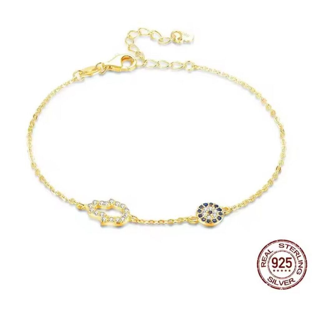 Chic Trendy Evil Eye Blue Zirconia 925 Silver Gold Plated Bracelet Dainty - Picture 1 of 8